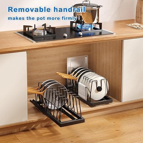 Mustorn 2 Pack Pots and Pans Organizer Under Cabinet, 21.6" Deep Pull Out Pot Lid Organizer Holder with Guardrail Adhesive Pot and Pan Holder Rack with 10 Adjustable Dividers(Black) thumbnail 7