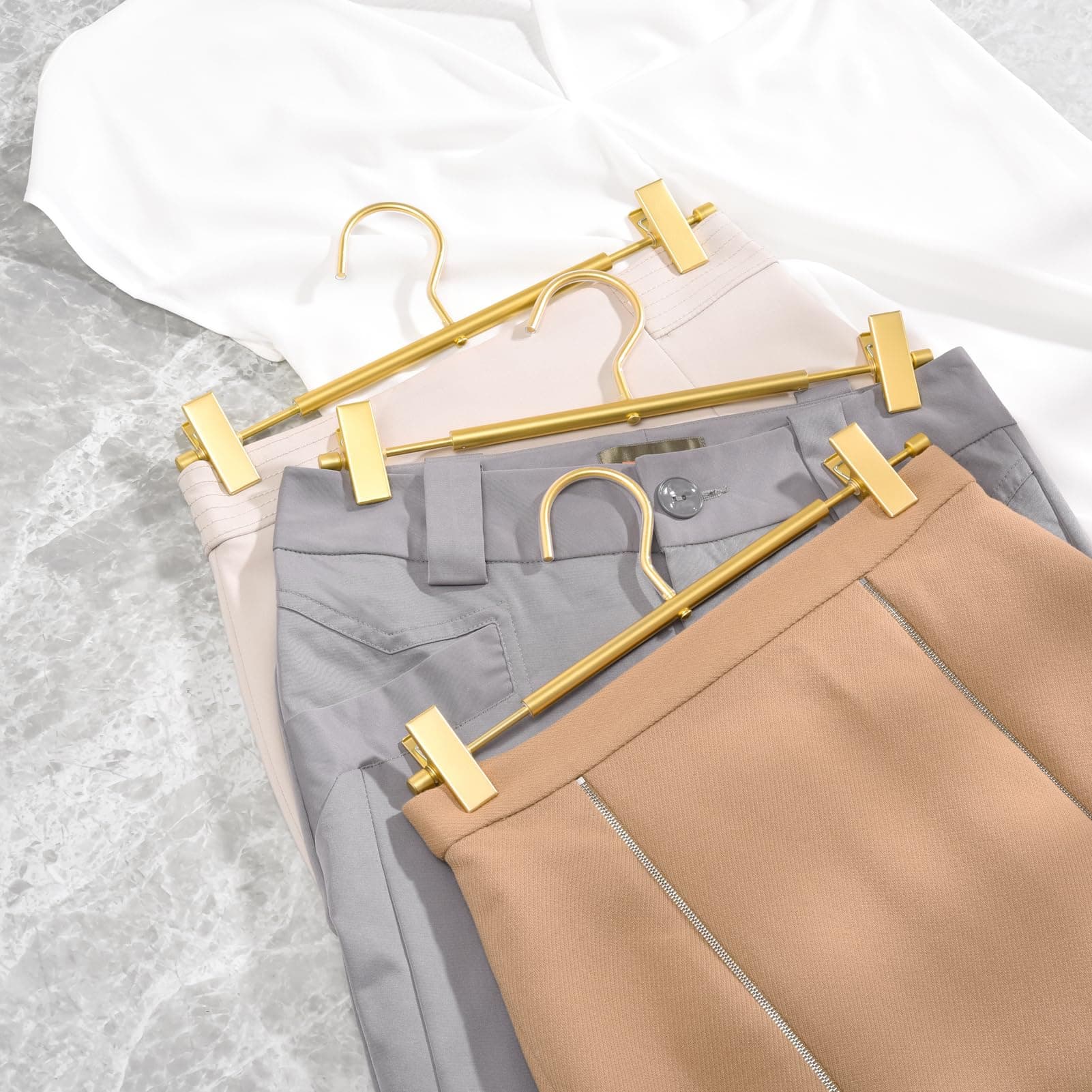 Amber Home Premium Matte Gold Aluminum Pants Hangers 10 Pack, 12.2” Extra Smooth & Durable Metal Skirt Slack Hanger, Light & Sturdy Metal Rack for Trouser with 2-Adjustable Non Slip Clips Swivel Hook thumbnail 4