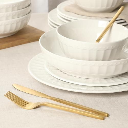 Gibson Home Melbourne White Plates and Bowls Set, 16 Piece Embossed Ceramic Dinnerware Set - Service for 4 Dishes - With Pasta Bowl thumbnail 5