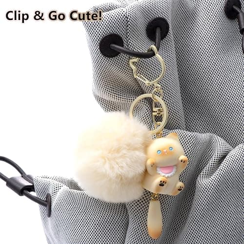 YILANFULL Kawaii Cat Keychain with Fluffy Pom Pom, Cute Bag Charm for Girls Women. Perfect Girly Gift & Backpack Decor thumbnail 3