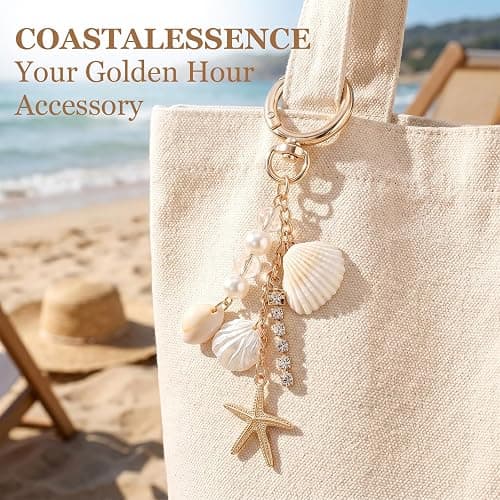 Angyape Gold Beach Keychain Cute Starfish Pearl Sealshell Keychain Bag Charms Purse Charms Summer Travel Gifts for Women thumbnail 7