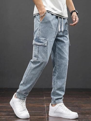JMIERR Men's Elastic Waist Cargo Jeans Stretch Denim Pants with Drawstring Relaxed Fit for Casual Daily Wear thumbnail 3