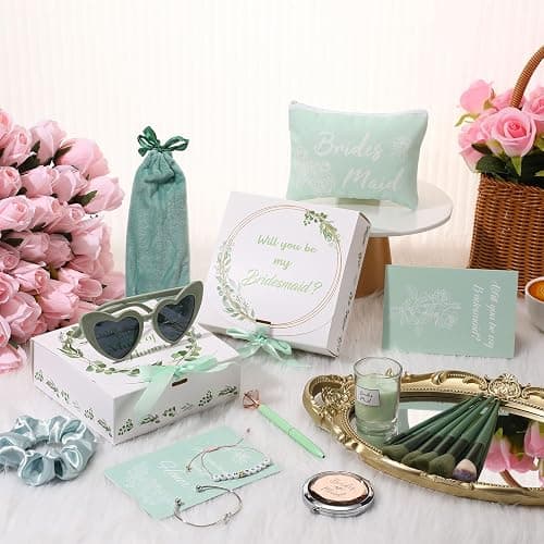 Nuogo 88 Pcs 8 Sets Bridesmaid Proposal Gift Wedding Bridesmaid Box Set Maid of Honor Gift Include Box Candle Invited Cards Scrunchies Hair Elastics Ties Knotted Bracelets Diamond Pens(Green,Modern) thumbnail 3