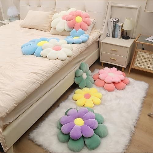 2 Pcs Preppy Pillow Flower Throw Pillows for Girls Aesthetic Room Decor Bedding, 15.35" Cute Pink Daisy Flower Shaped Decorative Throw Pillows for Bedroom Bed Couch Classroom (White+Pink, 15.35 Inch) thumbnail 5