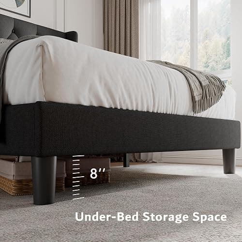 iPormis Full Size Platform Bed Frame with Button Tufted Headboard, Upholstered Bed Frame with Solid Wooden Slats, 8" Underbed Space, No Box Spring Needed, Noise Free, Easy Assembly, Black thumbnail 4