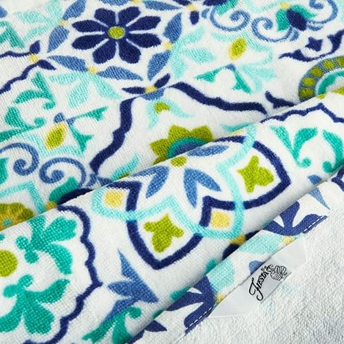 Fiesta Worn Tiles Kitchen Towels Set, Cotton, Multicolor/Blue/Yellow/Aqua, 2 Piece thumbnail 4