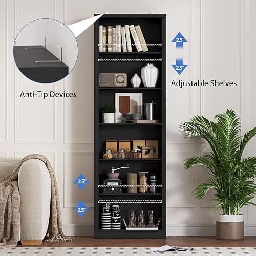 BORNOON 75" Tall Bookshelf, 6-Tier Floor Standing Bookcase with 2 Adjustable Shelves, 24" Wide Open Storage Shelf, Modern Display Organizer for Home Office, Living Room, Bedroom, Study thumbnail 5