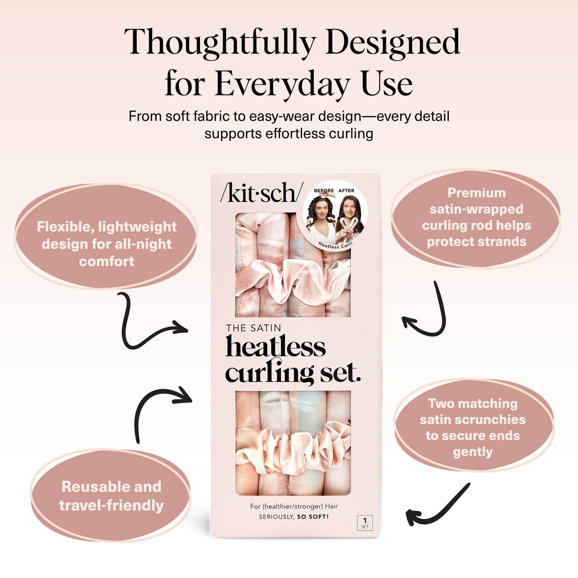 Kitsch Satin Heatless Curling Set - Hair Rollers for Effortless Heatless Curls | Sleep-In Hair Curlers | Includes Hot Rollers & Curling Rod Headband, Achieve Stunning Heatless Hairstyles, SunsetTieDye thumbnail 4