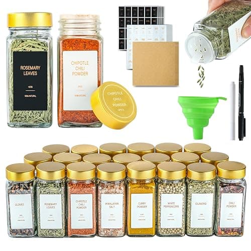 TESUNMU Gold Spice Jars with Label,4oz Seasoning Containers, Glass Spice Bottles with Shaker Lids,Funnel, Chalk Pen for Cabinet,Drawer,Rack(24) - Image 1