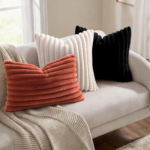 Simmore Faux Fur Couch Throw Pillow Covers 18x18 Set of 2, Decorative Soft Striped Plush Pillow Covers with Velvet Back for Sofa Bed Living Room, Black thumbnail 4
