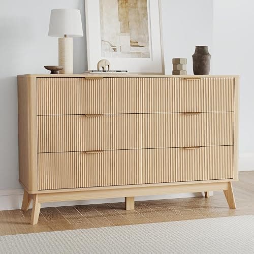 SUNWAVE 6 Drawer Dresser for Bedroom, 49.6" Wide Modern Fluted Dresser with Round Corner, Wood Chest of Drawers for Living Room (Oak) thumbnail 3