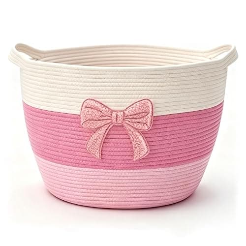 Laundry Basket Hamper for Clothes Blanket Stuffed Animal Storage Kids Pink | Blanket Storage Clothes Hamper Bow Woven Basket with Handles 55L for Girl Cute Aesthetic Room Laundry Nursery Decor Aesthetic - Image 1