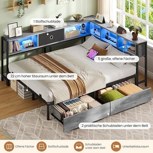 DICTAC Jugendbett 140x200 mit LED-Beleuchtung und Ladestation, Schlafsofa 140 x 200 mit stauraum-6 Staufächern und 2 Schubladen, Tagesbett mit Lattenrost aus Metall, Eichenasche | LED-Beleuchtung thumbnail 5