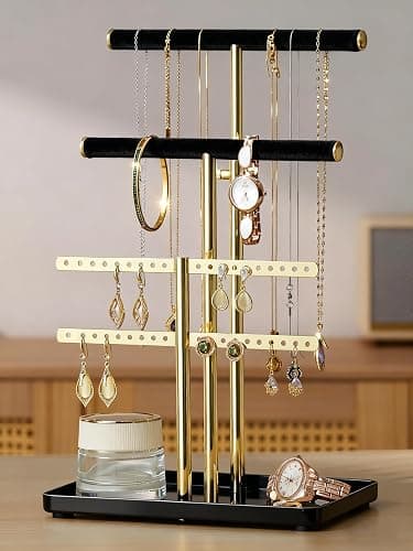 pickpiff Jewelry Holder Organizer with Velvet, Adjustable 10"-17" Tall, Metal Stand for Display Bracelet, Necklace, Earrings, Rings, Black and Gold - Image 1