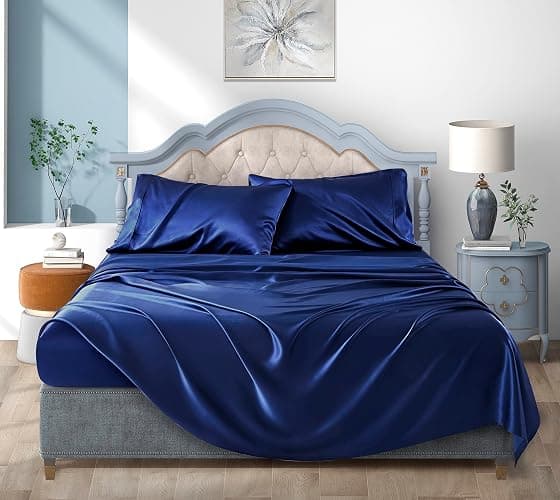 Satin Bed Sheets Twin Sheets, Navy Blue Silk Sheets, 3 - Pieces Soft Bedding Set with 1 Deep Pocket Fitted Sheet,1 Flat Sheet,1 Pillowcase thumbnail 2