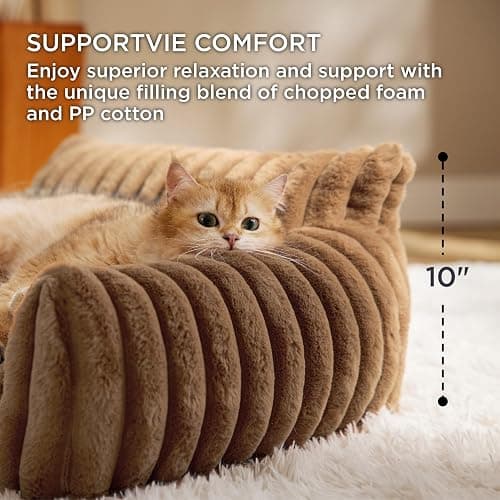 Bedsure Cute Cat Couch for Pets - Fluffy Cat Sofa with Premium Soft Corduroy Fleece, Fuzzy Pet Couch Bed with Removable Washable Cover, Supportive Pet Chair for Indoor Cats, 24inch, Copper Brown thumbnail 3