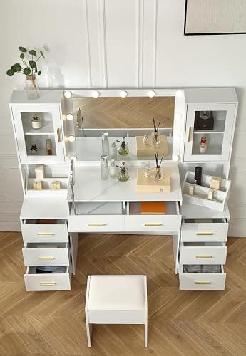 FOREST GRAVITY 58.3'' Large Vanity with Folding Up Mirror and Lights,Makeup Vanity Desk with Mirror and Lights,Outlet, Chair and Two Makeup Organizers,Dressing Table for Bedroom,White thumbnail 9