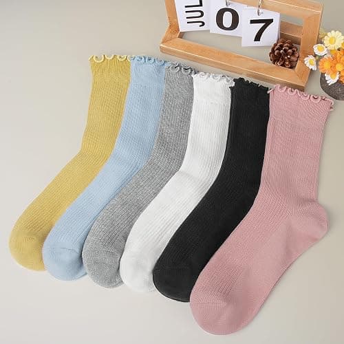 6 Pairs Cute Floral Ruffle Crew Socks Women, Breathable Cotton Novelty Casual Girls Above Ankle Funny Socks US 5-10 thumbnail 3
