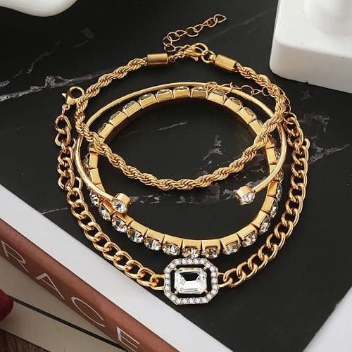 4 Pcs Dainty Gold Silver Bracelets Set for Women 14K Plated Link Cubic Zirconia Paperclip Stake Layering Chain Adjustable Trendy Hand Jewelry thumbnail 4