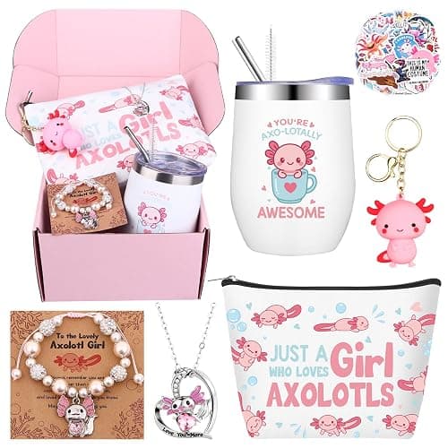 6 PCS Axolotl Lover Gifts Cute Axolotl Gifts Set for Adult Women 12oz Stainless Steel Tumbler with Lid Bracelet Makeup Bag Necklace Stickers for Axolotls Themed Birthday Animal Lovers Gift - Image 1