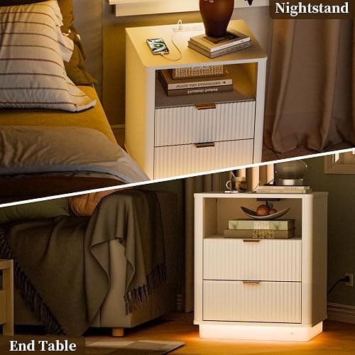 BONITURE Led Fluted Nightstand, Curved Night Stand with Charging Station Lighting, Wood Side Table with 2 Drawers, Modern End Table Storage Cabinet for Bedroom(1, White) thumbnail 5