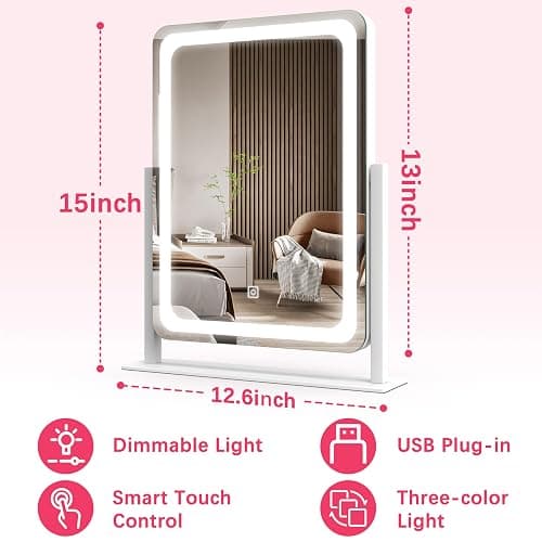 ROLOVE Vanity Mirror with Lights, 12.6"x15" LED Makeup Mirror with Lights, Smart Touch Control 3 Color Dimmable, Lighted Desk Mirror for Bedroom, Light Up Mirror thumbnail 2