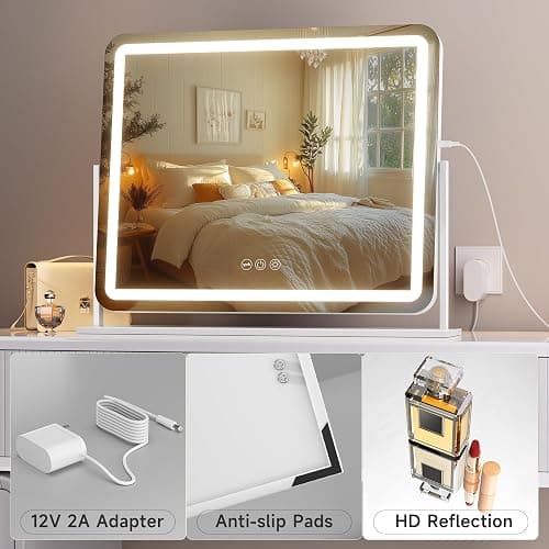 Hasipu Vanity Mirror with Lights, 22" x 18" LED Makeup Mirror, Light up Mirror with Smart Touch 3 Colors Dimmable, Brightness Adjustment, 360° Rotation (White) thumbnail 6