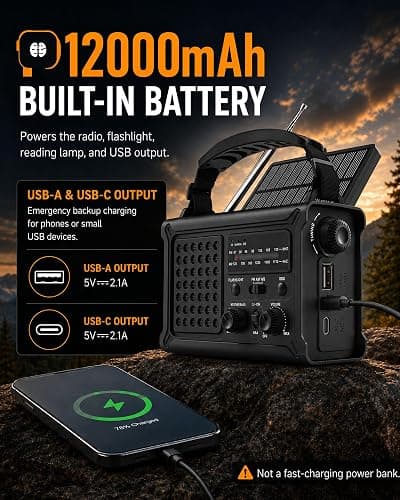 Emergency Radio, 12000mAh Solar Hand Crank NOAA Weather Radio, Black | Hand Crank Radio, 8500mm² Solar Panel, AM/FM/WB, 5W Flashlight, Reading Light, SOS for Outages, Camping & Survival thumbnail 3