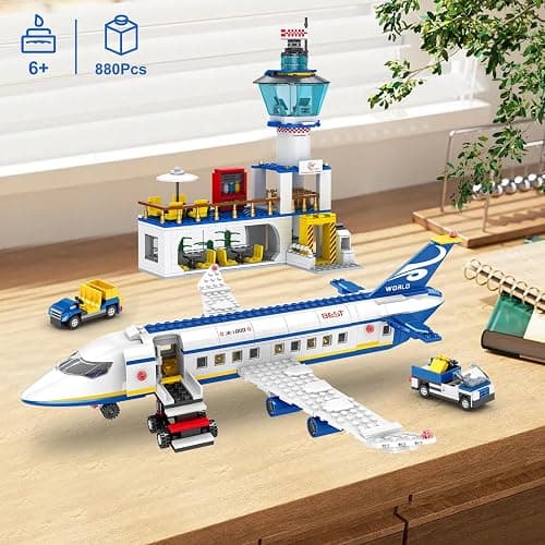 WinGift 880 Pcs City Airport Passenger Terminal Building Set, 6 IN 1 Airplane Building Blocks Toy, STEM Aircraft Bricks with Shuttle Bus,Luggage Cart,Planes Model Toys Gifts for Adults Boys Ages 6-12+ thumbnail 9