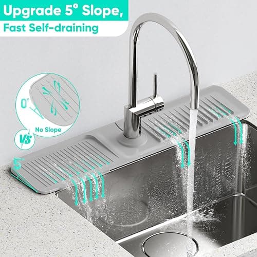 24 Inch Longer Faucet Mat for Kitchen Sink [5°Slope Fast Self-draining]Bathroom Kitchen Sink Splash Guard Silicone Sink Faucet Mat Splash Guard Kitchen Sink Area Tidy Splash Faucet Guard Draining Mat thumbnail 2