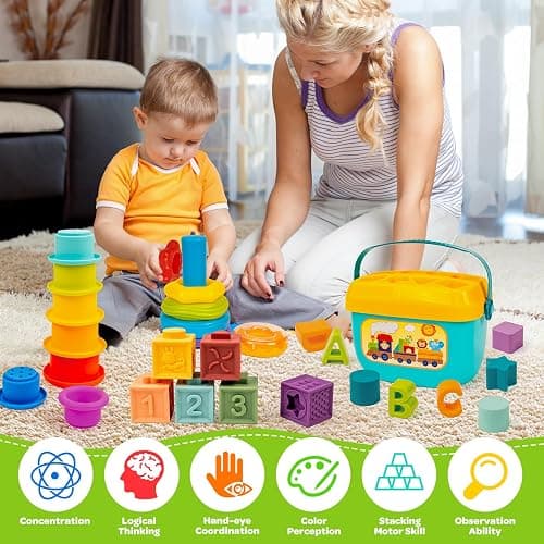 GJOF2YK Montessori Baby Toys for Ages 6–18 Months with Sensory Shape Sorter Matching Game Toy Stacking Ring Soft Building Blocks Developmental Learning Toys for Toddlers 1+ Year Old thumbnail 5