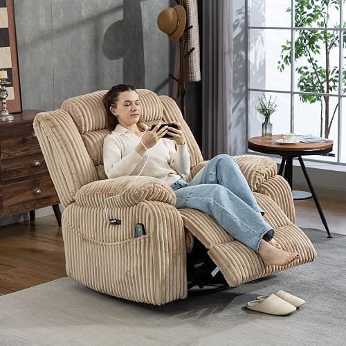 SINCRUMI Power Swivel Rocker Recliner Chair for Adults with Vibration and Heat, USB and Type-C Charging Port, Infinite Position, Electric Glider Rocking Chairs for Living Room, Nursery, Light Camel thumbnail 2