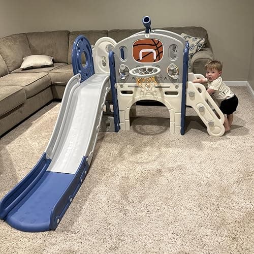 XJD 8 in 1 Toddler Slide Set, Kids Slide for Toddlers Age 1+, Toddler Climber Slide PlaySet with Basketball Hoop and Ball,Outdoor Indoor Playground for Toddlers 1-3 (Blue Gley, 8 in 1) thumbnail 5