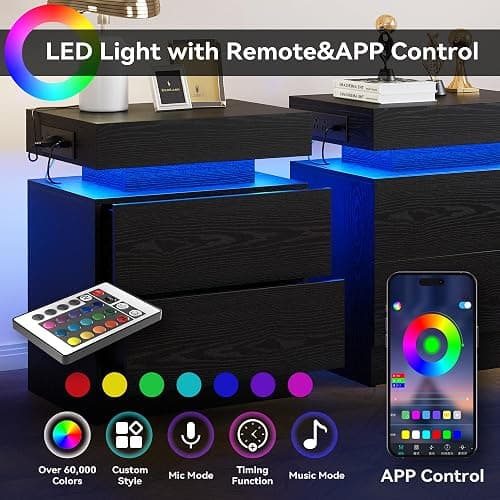 LIKIMIO Night Stand with Charging Station, Modern Black Nightstand with LED Light and Drawers, Bedside Tables/End Table for Bedroom thumbnail 4