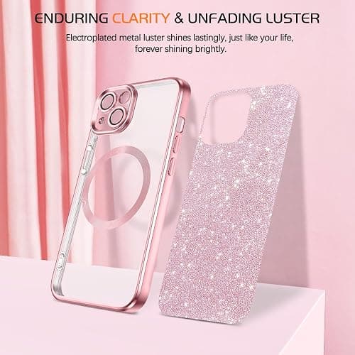 DOMAVER for iPhone 13 Case, Phone Cases with Magnetic [Compatible with MagSafe] Luxury Clear Glitter Bling Sparkly Shockproof Protective Cover Full Camera Lens Protector for Women Girls- Pink - Pink thumbnail 3
