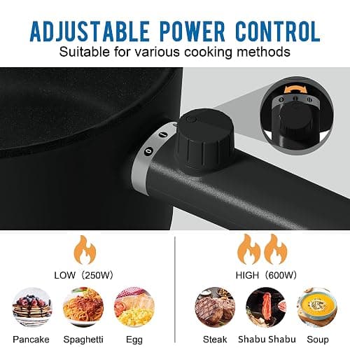 Topwit Hot Pot Electric, 1.5L Ramen Cooker, Portable Non-Stick Frying Pan, Electric Pot for Pasta, Steak, BPA Free, Electric Cooker with Dual Power Control, Over-Heating & Boil Dry Protection, Black thumbnail 3
