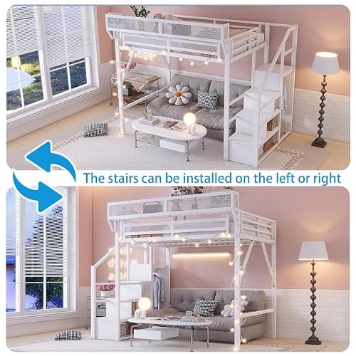 MoproBeti Full Loft Bed with Stairs, Metal Loft Beds Full Size with Storage Shelves, Adults Loft Bed with Wardrobe, Heavy Duty High Loft Bed for Teens, No Box Spring Needed, No Noise,White thumbnail 8