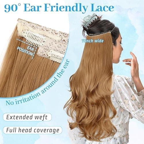 KooKaStyle Invisible Wire Hair Extensions Long Wavy Layered Synthetic Hair Extensions with Transparent Wire Adjustable Size 6 Secure Clips Strawberry Blonde Hairpieces for Women 16 Inch thumbnail 6