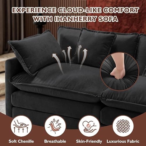 Ihanherry U-Shaped Modern Sofa 146" Modular Sectional Cloud Couch with 2 Ottoman, 6-Seat Chenille Deep Seat Sofa with 6 Pillows for Living Room, Black thumbnail 5