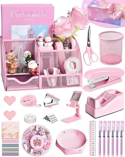 Pink Desk Accessories, 24Pcs Pink Office Supplies and Desk Organizers, with Tape Dispenser, Stapler, Staple Remover, Ect, Gift Box Packaging - Image 1