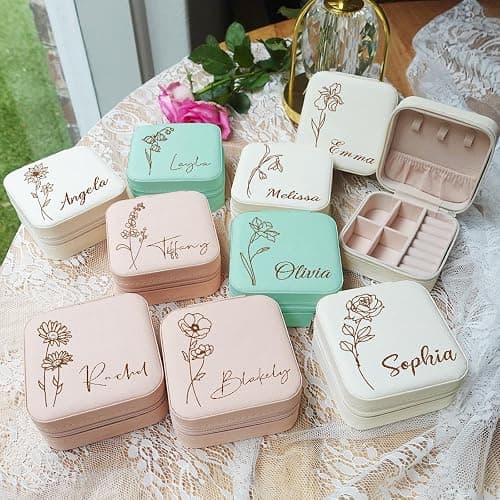 Yofair Personalized Jewelry Box with Birth Flower Bridesmaid Gifts Custom Leather Travel Jewelry Case Ring Box Birthday Christmas Gifts for Women thumbnail 5