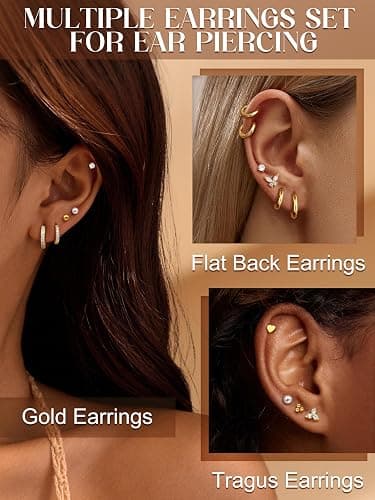 CASSIECA 12 Paar Ohrringe Gold Silber Set, 316L Chirurgenstahl Ohrringe für Damen Herren Medizinische Ohrstecker und Creolen für Mehrfachpiercing 14K Vergoldet Helix Tragus Piercing Ohr Gold Silber thumbnail 4