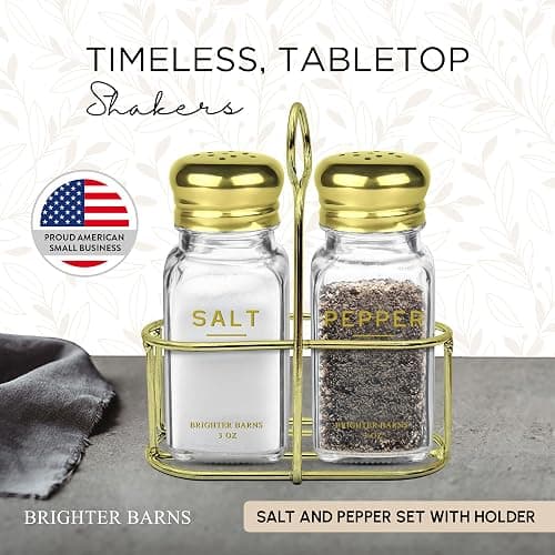 Gold Salt and Pepper Shakers Set with Holder by Brighter Barns - Luxury Kitchen Decor & Accessories - Modern Glass Shakers with Stand & Stainless Steel Lids for Neutral Home, Restaurants (Clear/Gold) thumbnail 3