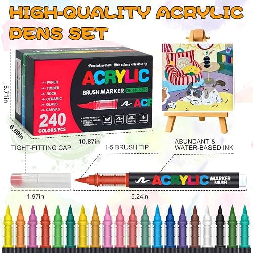 Astriscribe 240 Acrylic Paint Markers, Soft Brush Tip Acrylic pens for Rock Painting, Wood, Stone, Glass, Canvas, Fabric, Ceramic - Water Based Acrylic Markers Pens thumbnail 8