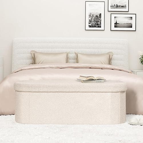 PINPLUS Storage Ottoman Bench Tufted Oval Ottomans Bench Foot Rest, Chest Box Velvet Bench with Storage, 43"x15"x15" (White) thumbnail 8