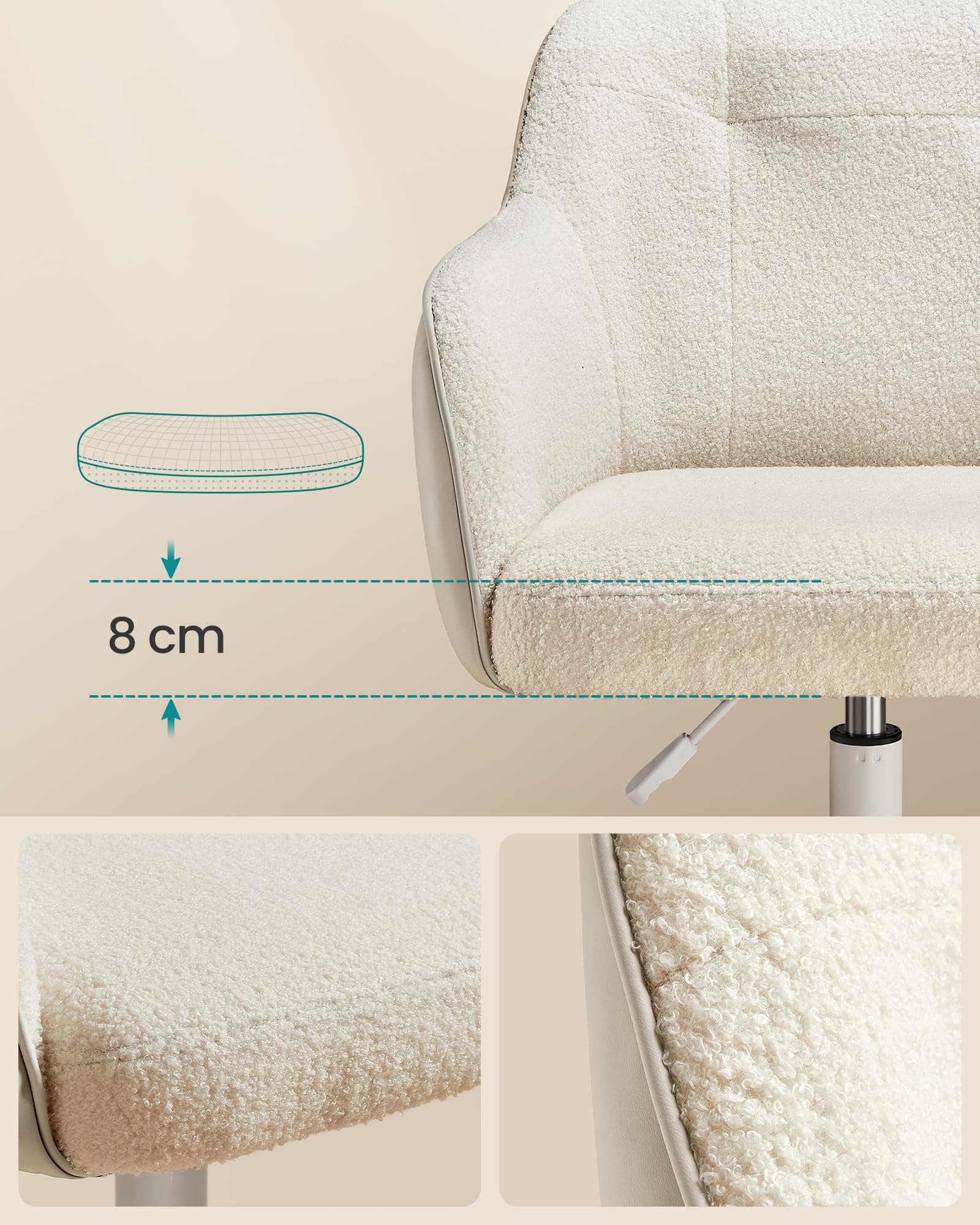SONGMICS Home Office Chair Swivel Desk Chair Height Adjustable up to 110 kg Load Capacity Breathable Sherpa Fabric and PU for Study Room Bedroom Cappuccino Beige OBG019W01 thumbnail 4