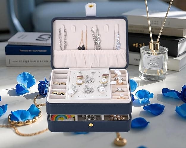 Jewelry Box,3 Layer Leather Jewellry Storage Boxes Small Travel Portable Jewelry Organiser Box for Women and Men Removable Flocking Compartment Gift for Girl Necklace Ring Earrings Bracelet (Blue) thumbnail 2