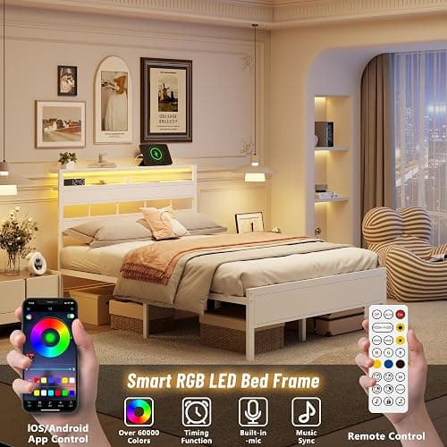 Furnulem Full Size Bed Frame with LED Light and Charging Station, Wood Storage Headboard with 2-Tier Shelves, Metal Platform Bed with Heavy Duty Slats Support, No Box Spring Needed, White thumbnail 3