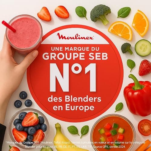 Moulinex - Blender Blendforce Noir 800W Bol verre 1.75 L | Mixeur puissant 800 W pour préparer des smoothies, Sauces et glace pilée - Bol en verre thermorésistant thumbnail 2