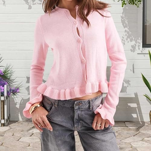 Women Cute Button Up Cardigan Y2K Ruffle Sweater Fall Crew Neck Long Sleeve Cropped Knit Tops Outerwear thumbnail 4